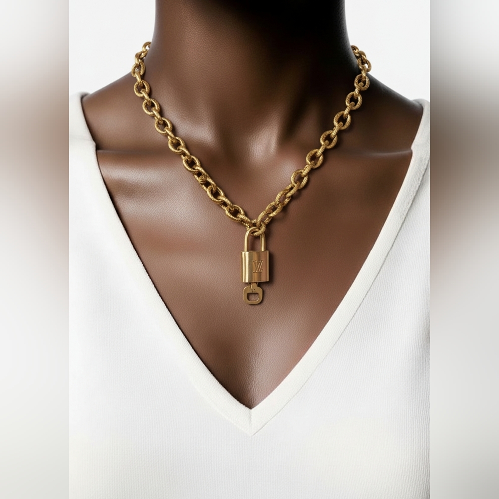 Louis Vuitton Lock & Key Gold with Unbranded CubanGeometry Stainless Steel Chain